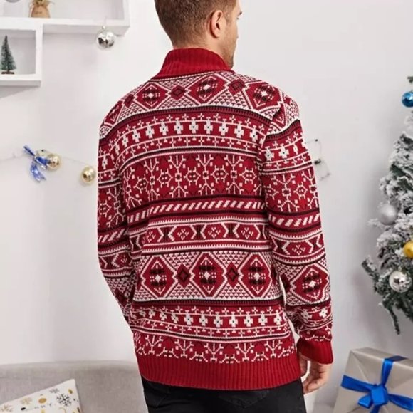 Red Christmas Sweater for Men Fair Isle Knitted Sweater - Full Sleeve Collared - Picture 6 of 11